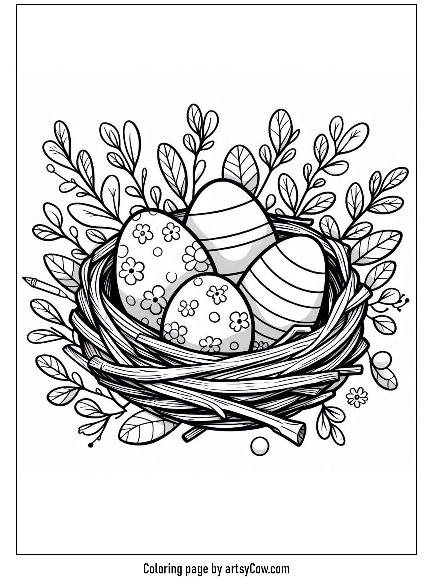 Easter Egg Coloring Pages featuring beautifully decorated eggs nestled in a natural nest surrounded by leaves and branches.